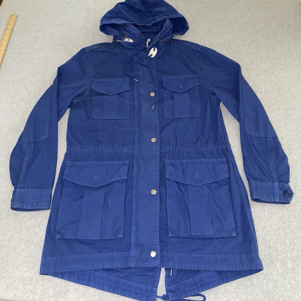 J Crew Women's Utility Cotton Jacket Small Blue Hooded Parka Fishtail Coat - Picture 1 of 16
